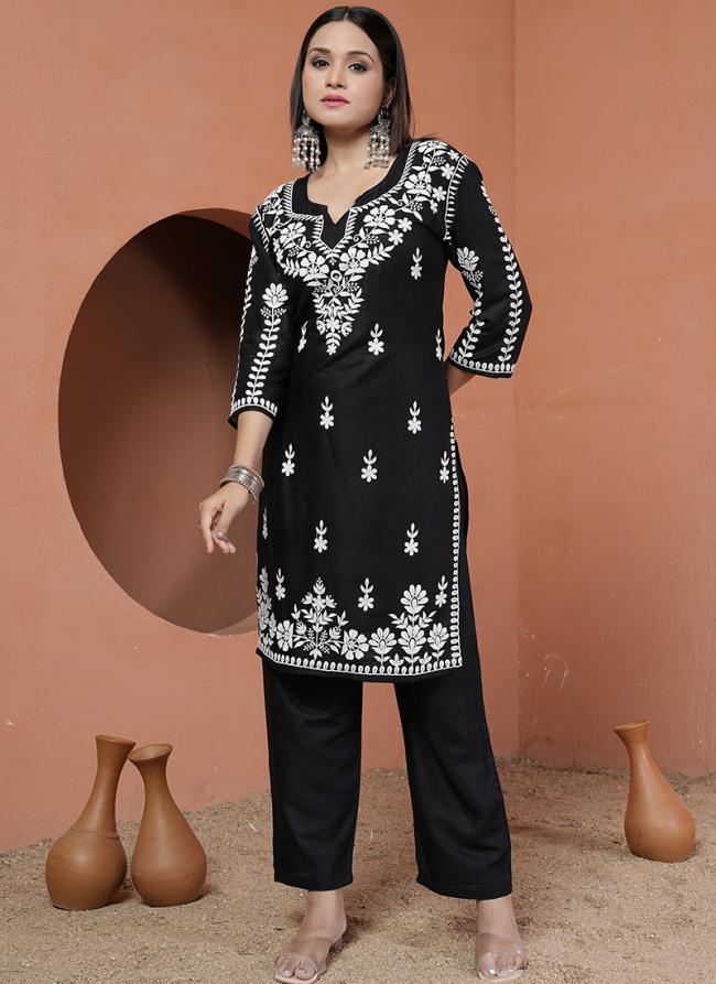 Rayon Black Casual Wear Chikankari Embroidery Readymade Cord Set